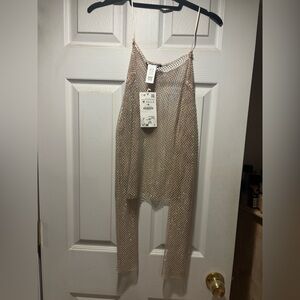 Zara Metallic Nude Mesh Slip Shirt